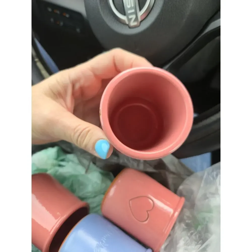 Handmade Vermont & Ole Keramik Pottery Cups Lot of 4 Pink Blue Heart Crocks
